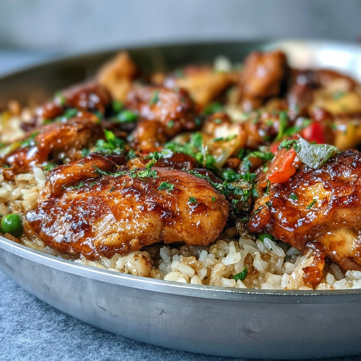 Golden honey BBQ glazed chicken thighs simmer beside fluffy rice and bright mixed vegetables in a single skillet for a hearty weeknight dinner.