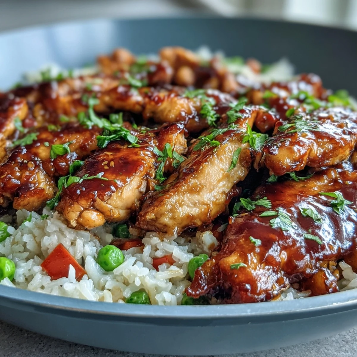 Steamed peas, carrots, and bell peppers rest atop tender rice and smoky chicken, ready to be fluffed and served for four people.