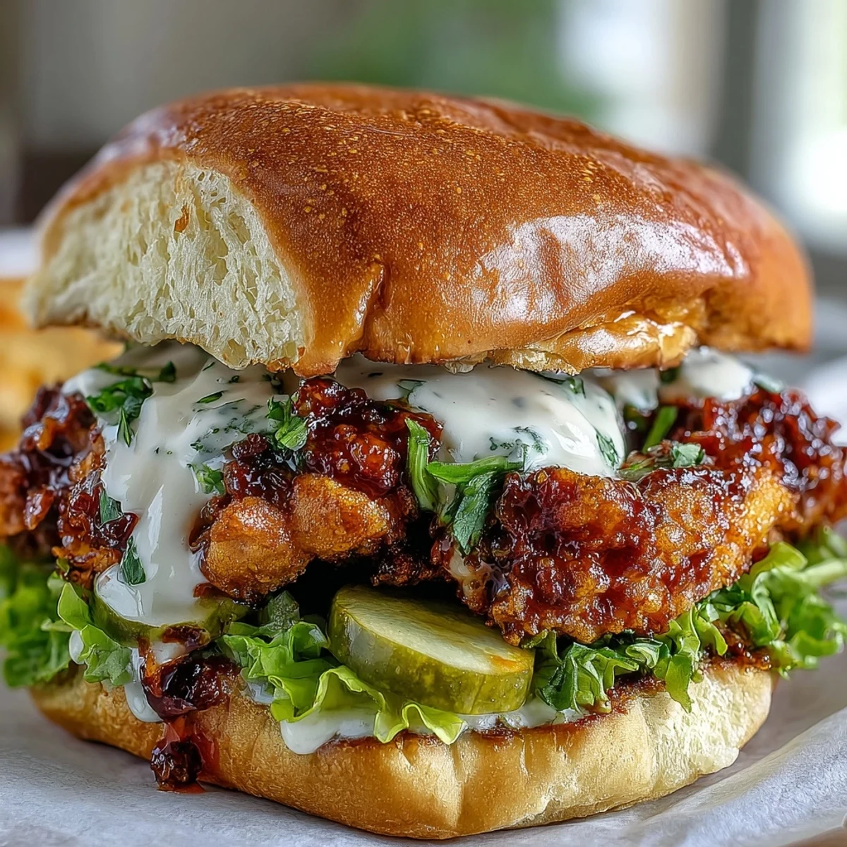 Golden-brown, ultra-crispy fried chicken thighs sit on a toasted brioche bun with lettuce and pickles. Spicy Chicken Sandwich with Creamy Homemade Sauce.