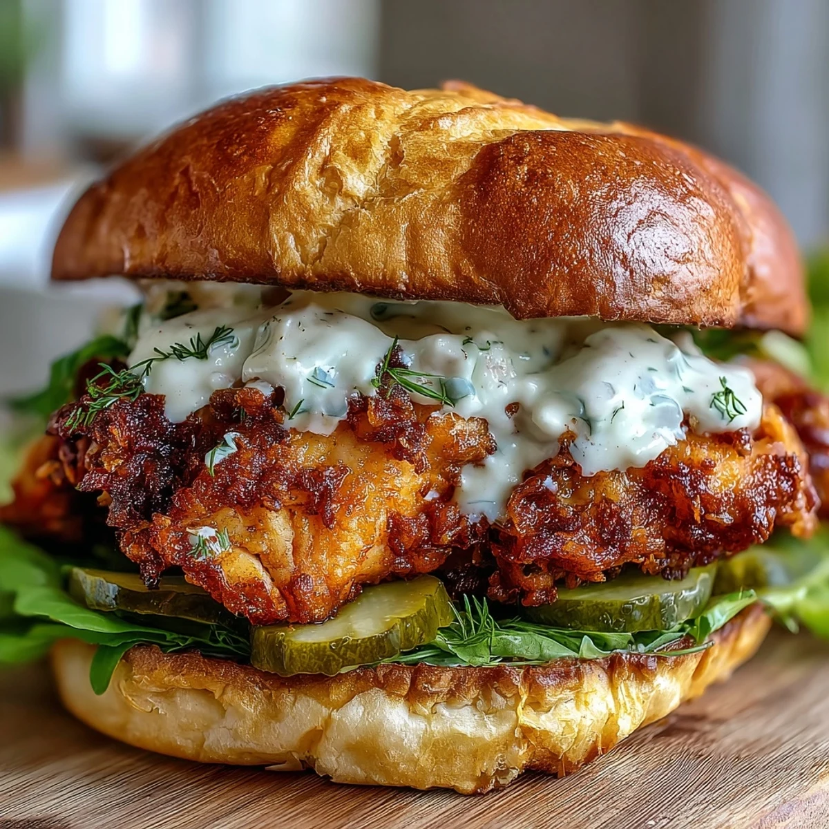 Homemade Spicy Chicken Sandwich with Creamy Homemade Sauce stacked high on a brioche bun, perfect for a game day meal.