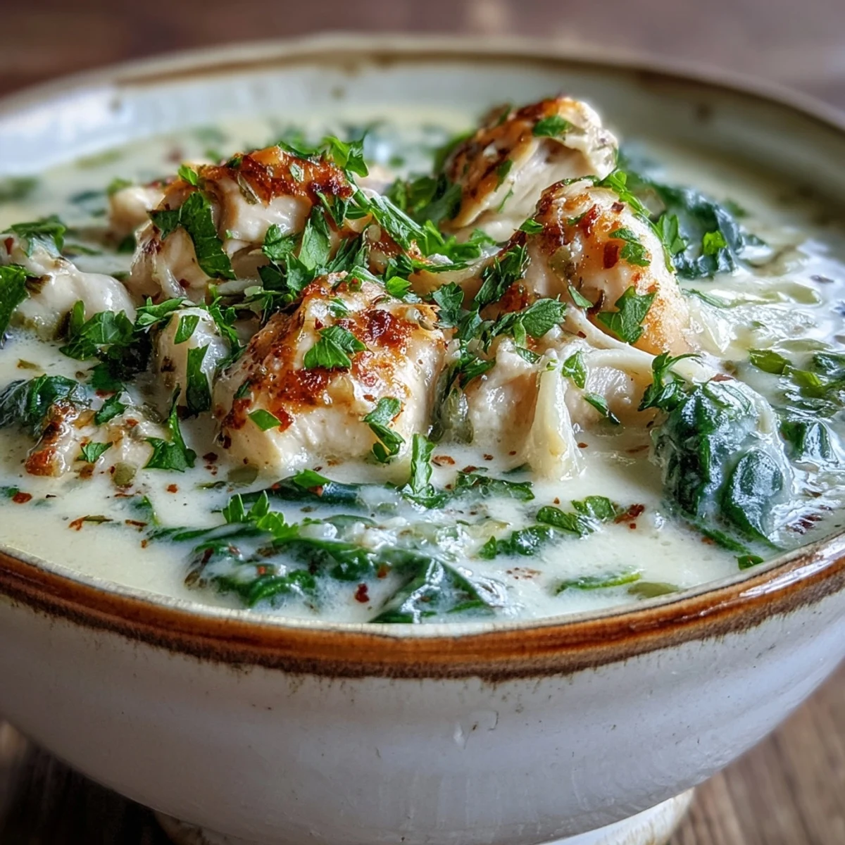 Creamy Garlic Parmesan Chicken Soup in a white bowl, garnished with fresh parsley and extra grated Parmesan. Steam rises from the velvety broth with tender chicken pieces.