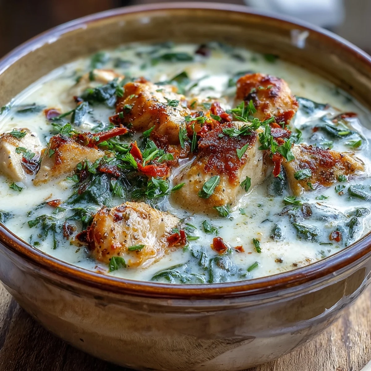 A close-up of ladle serving Garlic Parmesan Chicken Soup, highlighting the rich cream base, sautéed garlic, and melted cheese. Perfect cozy dinner recipe.