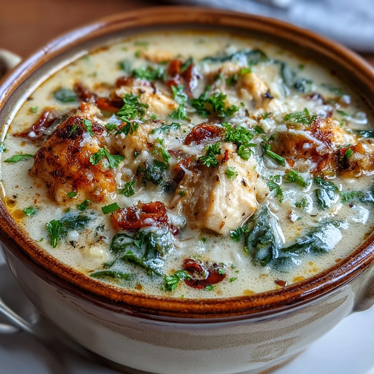 Garlic Parmesan Chicken Soup simmering in a pot, featuring golden chicken cubes, fresh thyme, and spinach in a thick, savory broth. Rustic kitchen setting.
