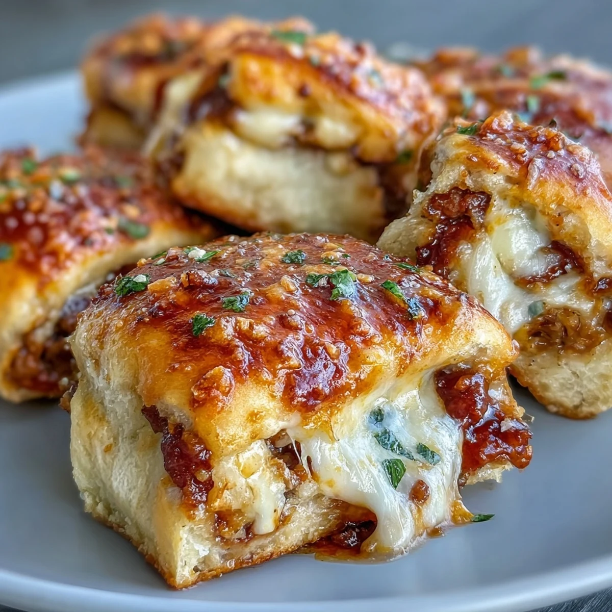 Warm Irresistible High Protein Pepperoni Pizza Rolls cut open to show layers of pepperoni, lean beef, and gooey mozzarella inside.