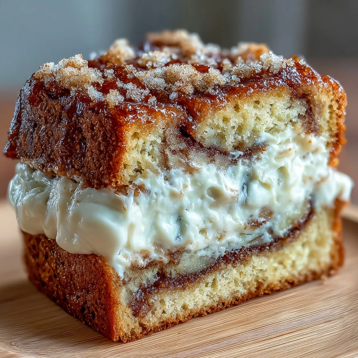 A thick slice of Cream Cheese Cinnamon Swirl Banana Bread is lifted on a spatula, revealing melted cinnamon sugar topping and sweet banana batter.