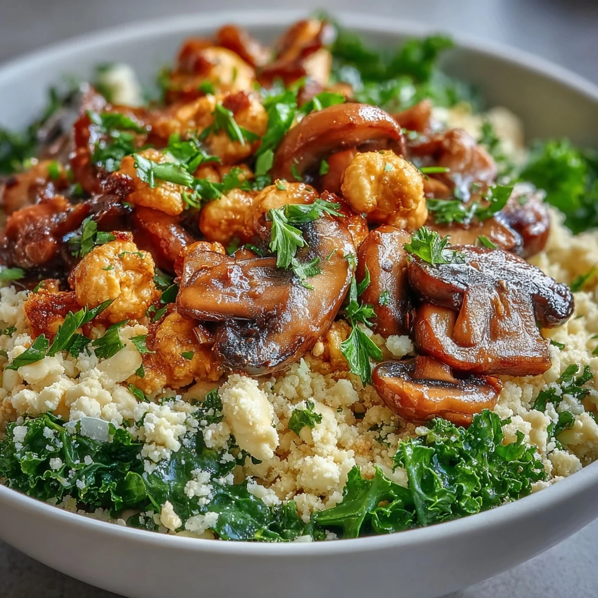 Colorful Scrambled Tofu Breakfast Bowl featuring golden tofu, sautéed kale, and tender mushrooms on a warm couscous base.