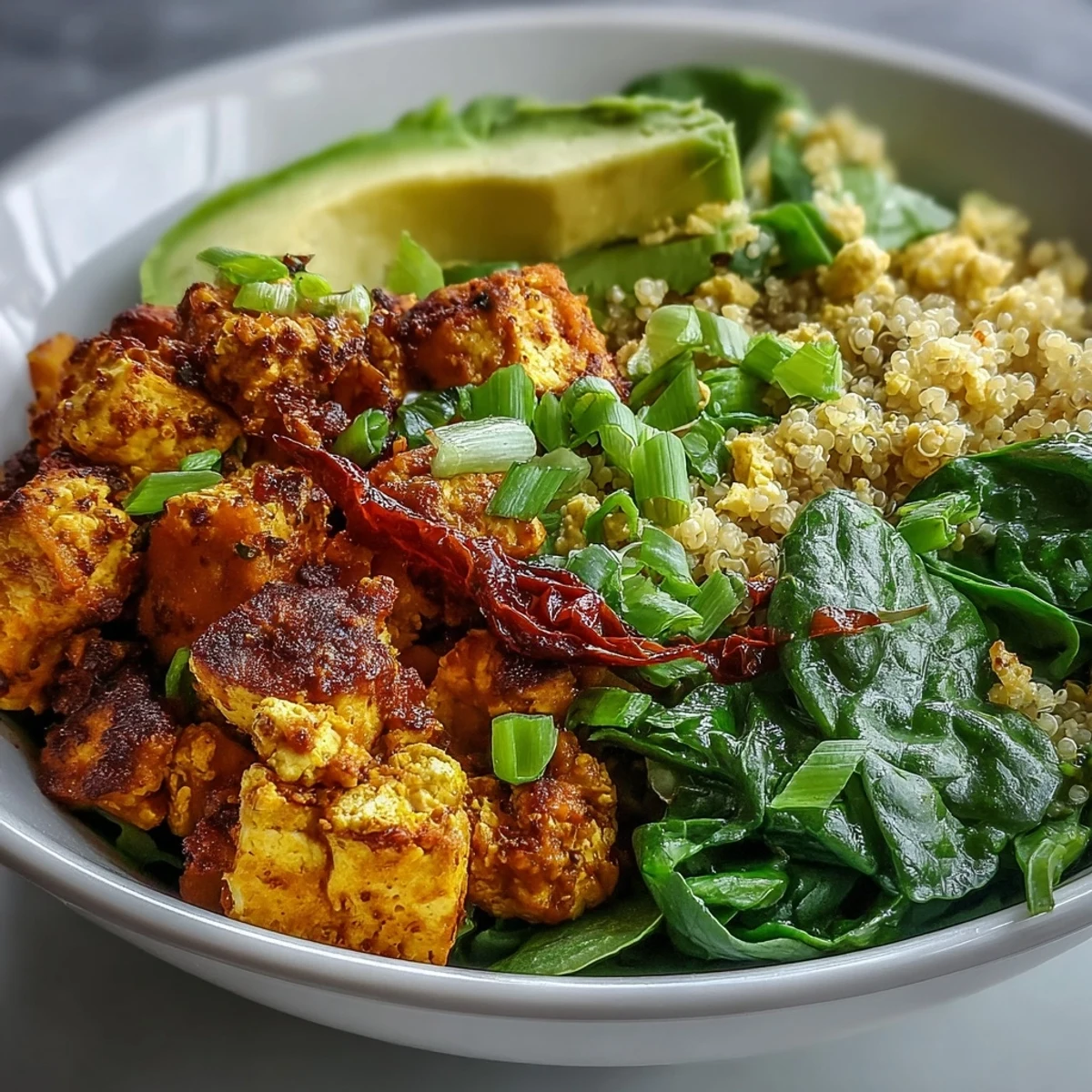A vibrant bowl of Tofu Scramble Vegan Breakfast Bowl with golden tofu, roasted sweet potatoes, and creamy avocado slices for a nourishing start.  