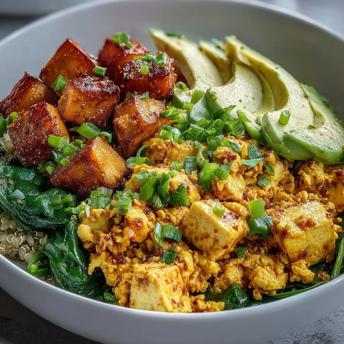 Colorful Tofu Scramble Vegan Breakfast Bowl garnished with green onions and herbs, ready to serve with a side of hot sauce or salsa.