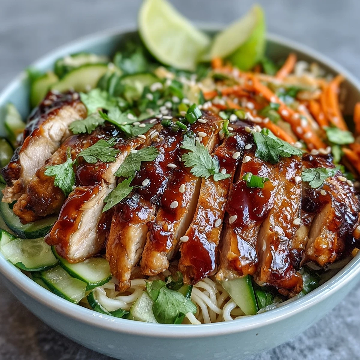 Freshly cooked Asian Chicken Noodle Bowl topped with cilantro and sesame seeds.