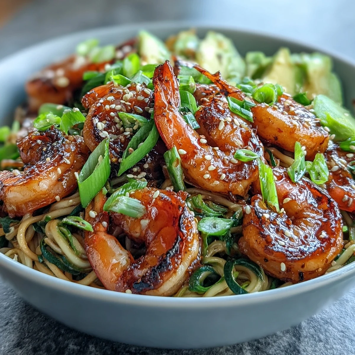 Grilled Shrimp Asian Noodle Bowl with smoky shrimp, sesame noodles, creamy avocado, and crunchy peanuts in a bright ceramic bowl.