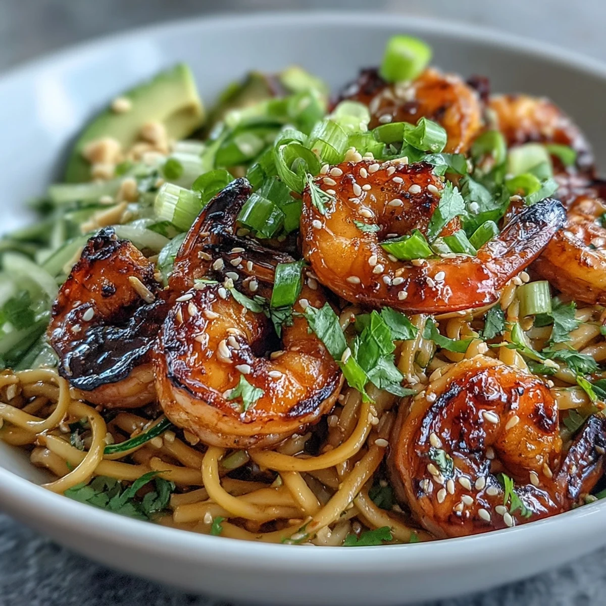Overhead view of Grilled Shrimp Asian Noodle Bowl on a rustic table, garnished with cilantro and scallions for a fresh finish.