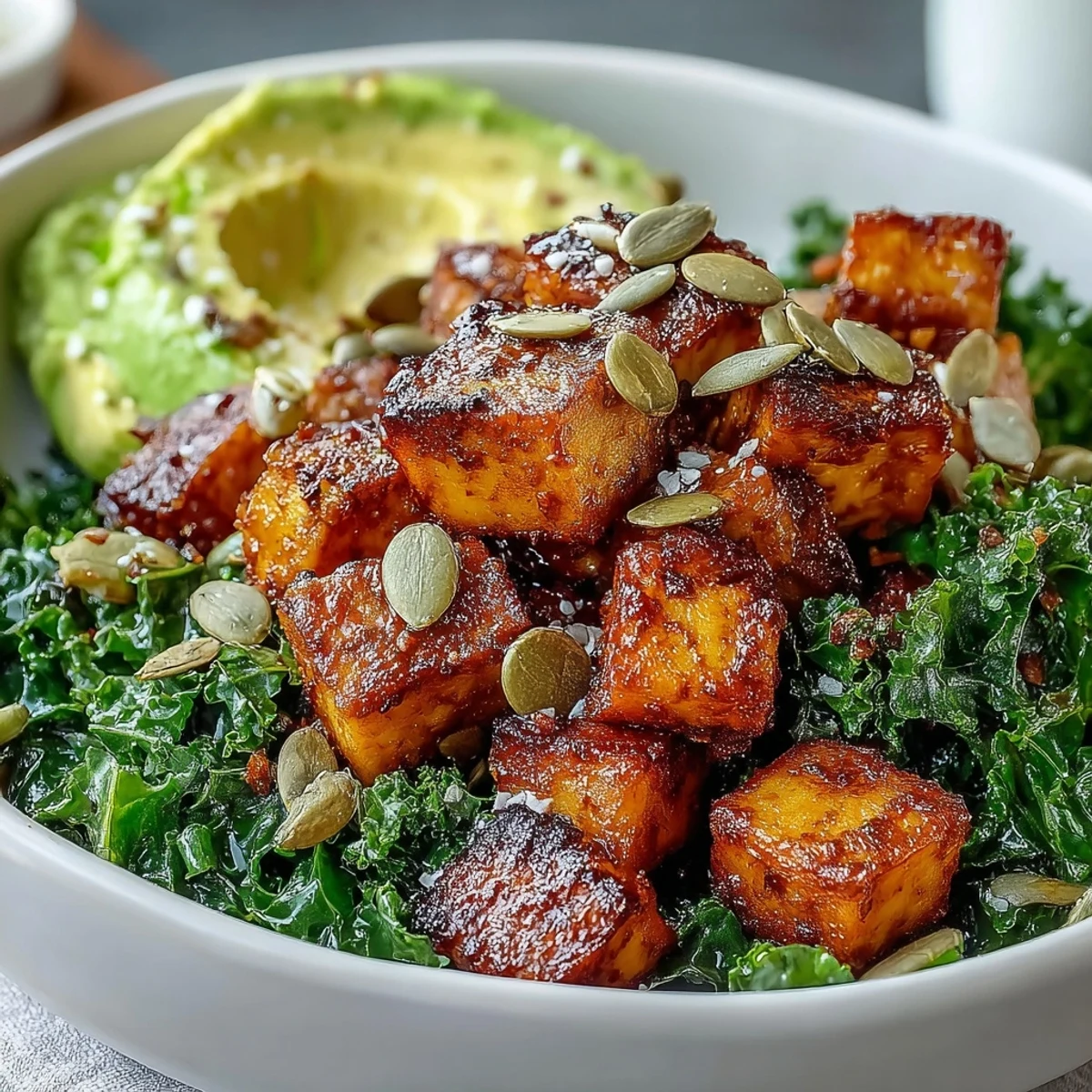 Golden crispy tofu cubes sit alongside sautéed kale and creamy avocado slices in this vibrant breakfast bowl.