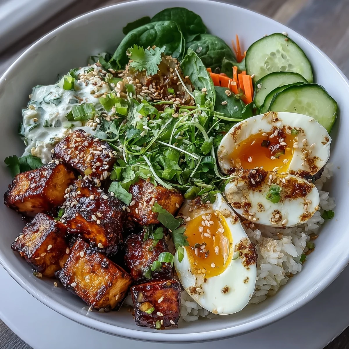 Golden tofu and jammy eggs rest on steamed rice with cucumber slices in a breakfast bowl.