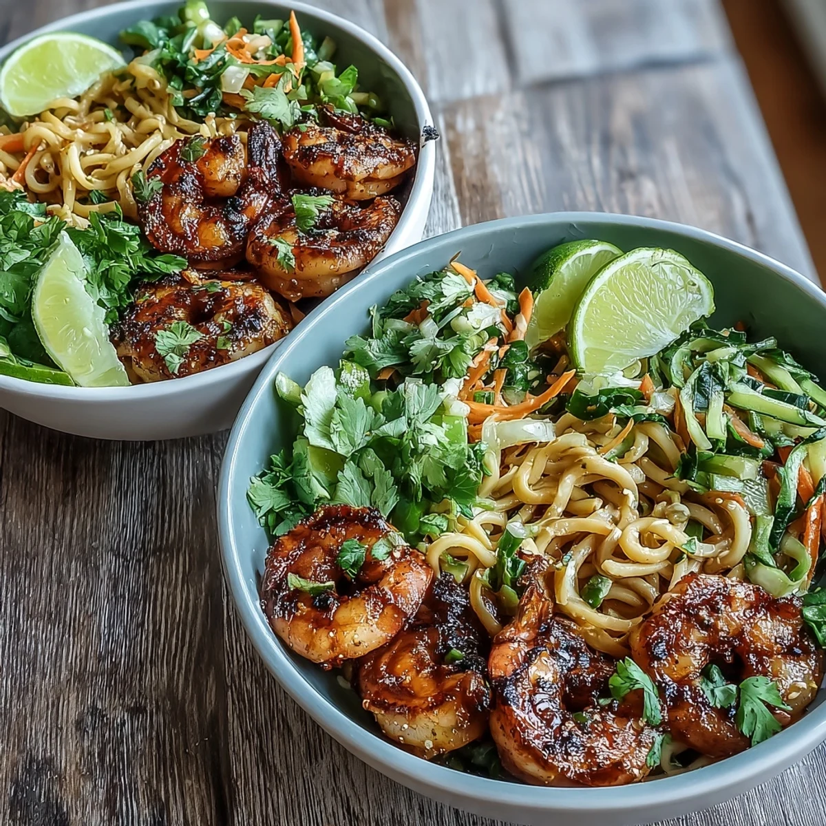 A close-up of the 15-Minute Asian Noodle Bowl With Grilled Shrimp, featuring plump pink shrimp on sesame-coated noodles topped with fresh, colorful vegetables and lime wedges.  
