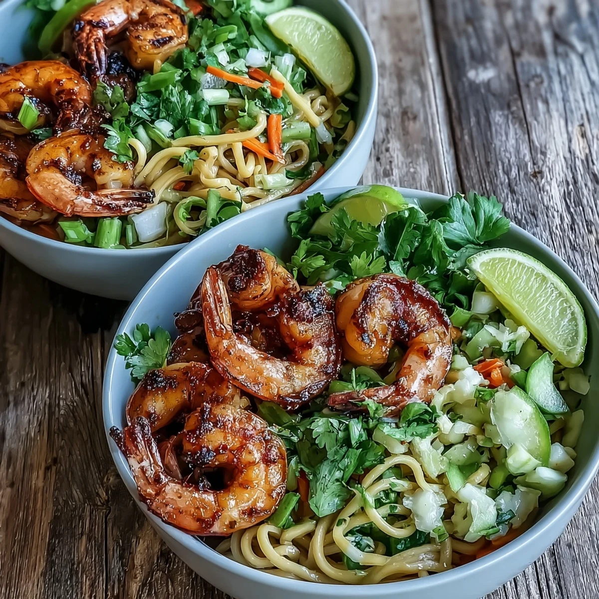 Vibrant bowl of 15-Minute Asian Noodle Bowl With Grilled Shrimp, with julienned carrots, cucumbers, and bell peppers alongside succulent shrimp on glistening noodles.  