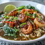 Savory Asian Noodle Bowl with Shrimp and Scallops topped with lime and sesame seeds.