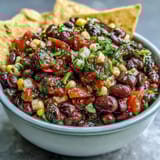 Vibrant 3-ingredient cowboy caviar dip with black beans, corn, and pico de gallo, served with crispy tortilla chips.