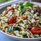 Colorful orzo pasta salad tossed with crisp cucumber, creamy feta, and zesty lemon dressing, perfect for summer gatherings.  