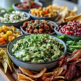 A festive guacamole bar featuring creamy avocado dip and abundant, exciting topping options.