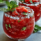 Close-up of vibrant Watermelon Mint Frosé, blended smooth with fresh mint garnish.