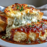Classic French quick onion soup gratin with a golden crust, ready to enjoy.