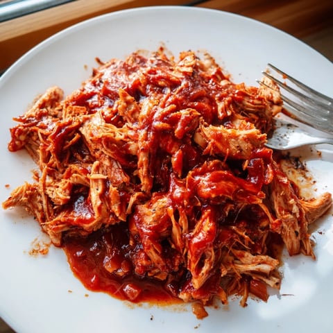 Fork-tender BBQ Pulled Chicken steaming beside soft sandwich buns and a side of creamy coleslaw.
