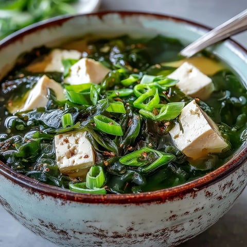 Steaming bowl of Wakame Soup topped with fresh scallions, a healthy Japanese delight.