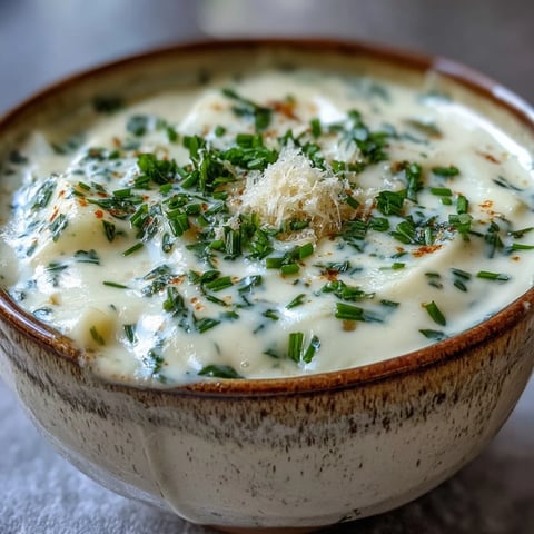 Creamy garlic and herb soup garnished with fresh parsley and chives, served in a rustic bowl.