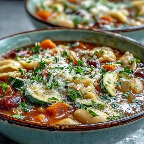 Homemade Vegetable Minestrone soup simmering in a pot, loaded with seasonal veggies, creamy beans, and tender pasta.