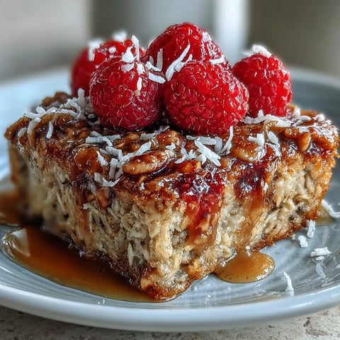 Golden squares of Baked Oatmeal with Raspberry and Coconut are lifted from a dish, revealing juicy red berries and golden toasted coconut on top.