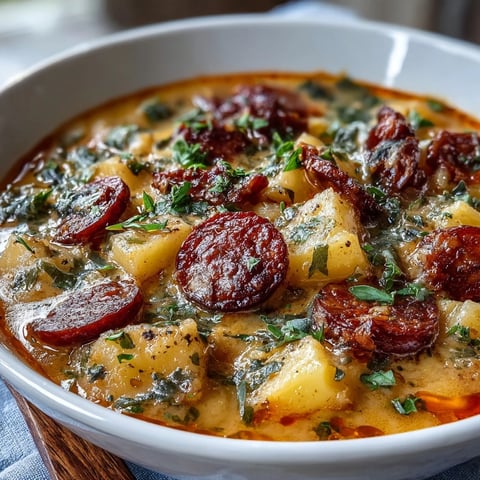 Creamy Potato, Leek and Chorizo Soup in a rustic bowl, garnished with parsley and reserved chorizo, served alongside crusty bread.