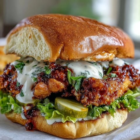 Golden-brown, ultra-crispy fried chicken thighs sit on a toasted brioche bun with lettuce and pickles. Spicy Chicken Sandwich with Creamy Homemade Sauce.