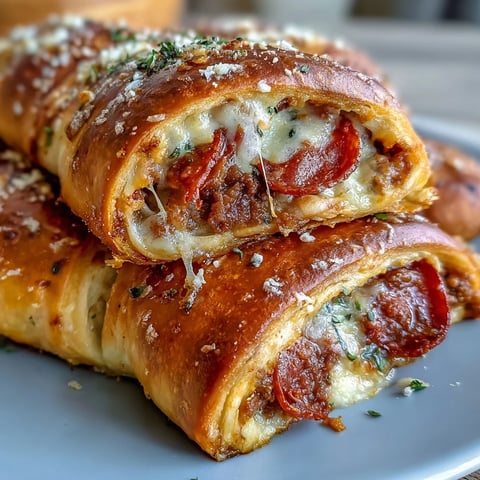 Golden-brown Irresistible High Protein Pepperoni Pizza Rolls fresh from the oven, topped with melted Parmesan and herbs on a baking sheet.