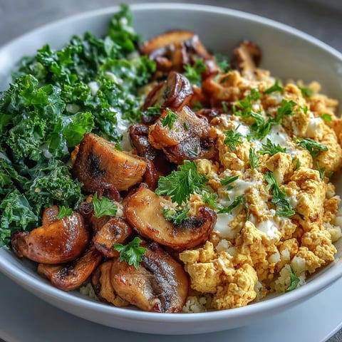 Vibrant Scrambled Tofu Breakfast Bowl with fluffy turmeric tofu, garlicky mushrooms, and wilted kale over hearty couscous.