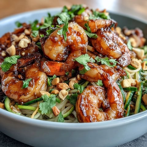 Freshly cooked Asian Noodle Bowl with tender shrimp, crisp zucchini, and shredded carrots in a wok, tossed in savory sauce.