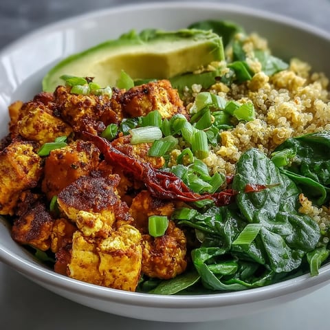 A vibrant bowl of Tofu Scramble Vegan Breakfast Bowl with golden tofu, roasted sweet potatoes, and creamy avocado slices for a nourishing start.  