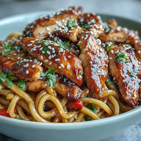 Hot Sesame Chicken Noodle Bowl topped with toasted seeds, fresh cilantro, and lime wedges served in a ceramic bowl.
