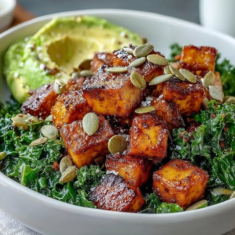 Golden crispy tofu cubes sit alongside sautéed kale and creamy avocado slices in this vibrant breakfast bowl.