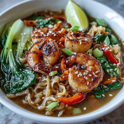 Steaming Asian Noodle Bowl with Shrimp and Scallops in savory broth with crisp veggies.