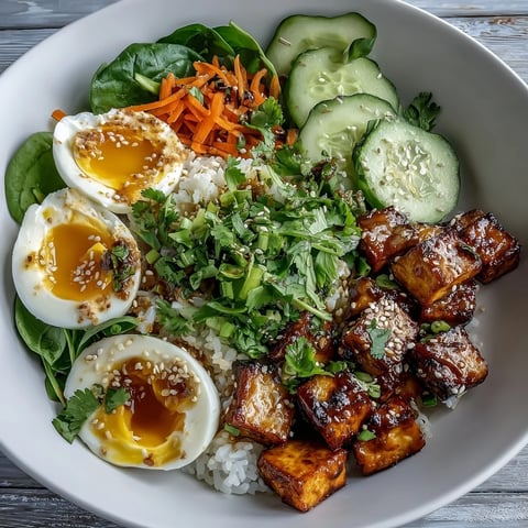 Vibrant Tofu Jammy Egg Breakfast Bowl with warm rice, sautéed tofu, soft eggs, and fresh greens.