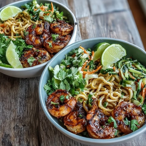 A close-up of the 15-Minute Asian Noodle Bowl With Grilled Shrimp, featuring plump pink shrimp on sesame-coated noodles topped with fresh, colorful vegetables and lime wedges.  