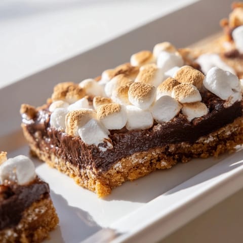 A batch of freshly baked S'mores Bars is served warm, with gooey melted chocolate and golden toasted marshmallows.