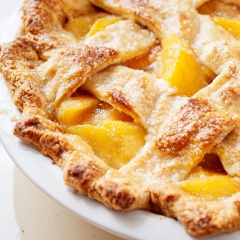 Golden-baked Peach Pie with a flaky crust, served warm with vanilla ice cream on a rustic table.