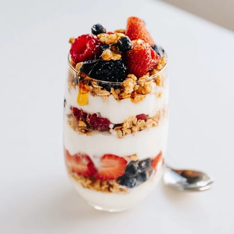 Close-up of Berry Parfait drizzled with honey, showcasing fresh strawberries, blueberries, and raspberries.