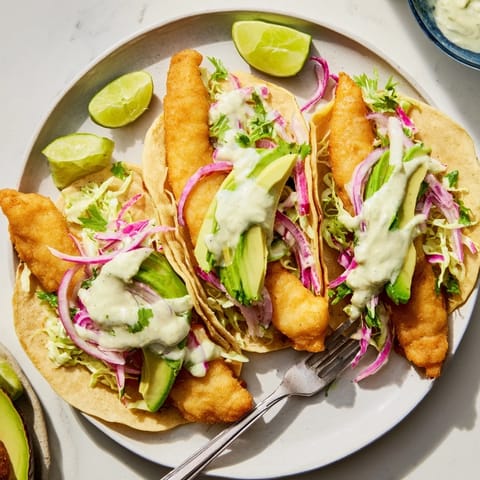 A close-up of freshly assembled Baja Fish Tacos with avocado slices, cilantro, and lime wedges for a zesty squeeze.