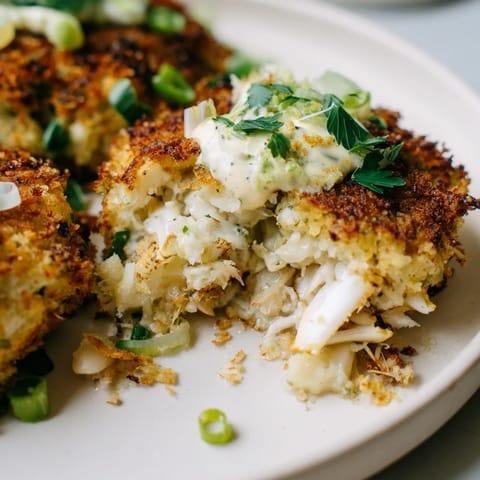 Freshly fried Crab Cakes are stacked high, revealing flaky crab and herbs inside the patties. 