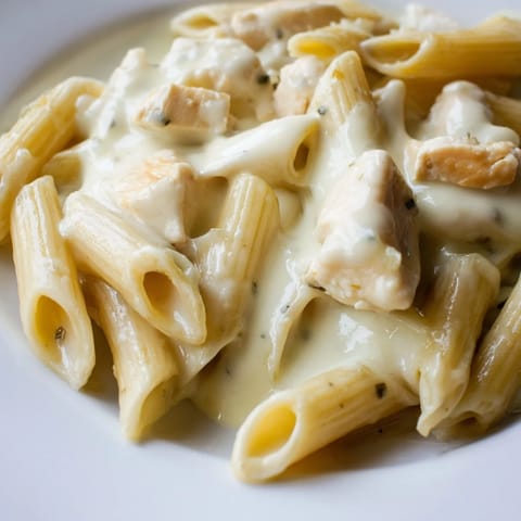 Golden-brown Chicken Alfredo Casserole served in a white dish, topped with fresh parsley and ready for a family dinner.