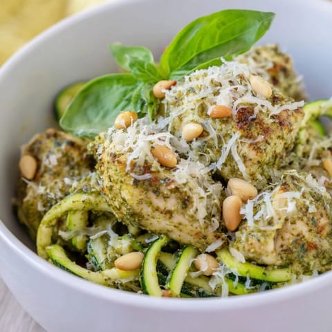 Bright green pesto coats every strand of zucchini noodles in this Pesto Zucchini Chicken Bowl, topped with toasted pine nuts and fresh basil leaves.