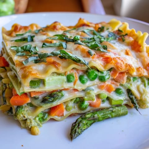 Asparagus, snap peas, and carrots layered in creamy Alfredo sauce inside a baked vegetarian slice.
