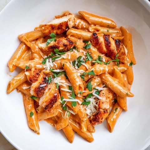Sliced golden chicken breast served over al dente pasta in a vibrant, reddish-orange honey chipotle cream sauce, finished with herbs.